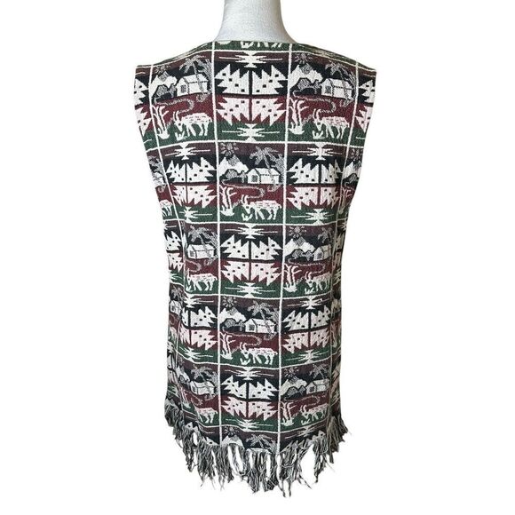 90s Vintage Tapestry Relaxed Rug Vest Pockets Fringe Large Boho Western Farm - Picture 4 of 9